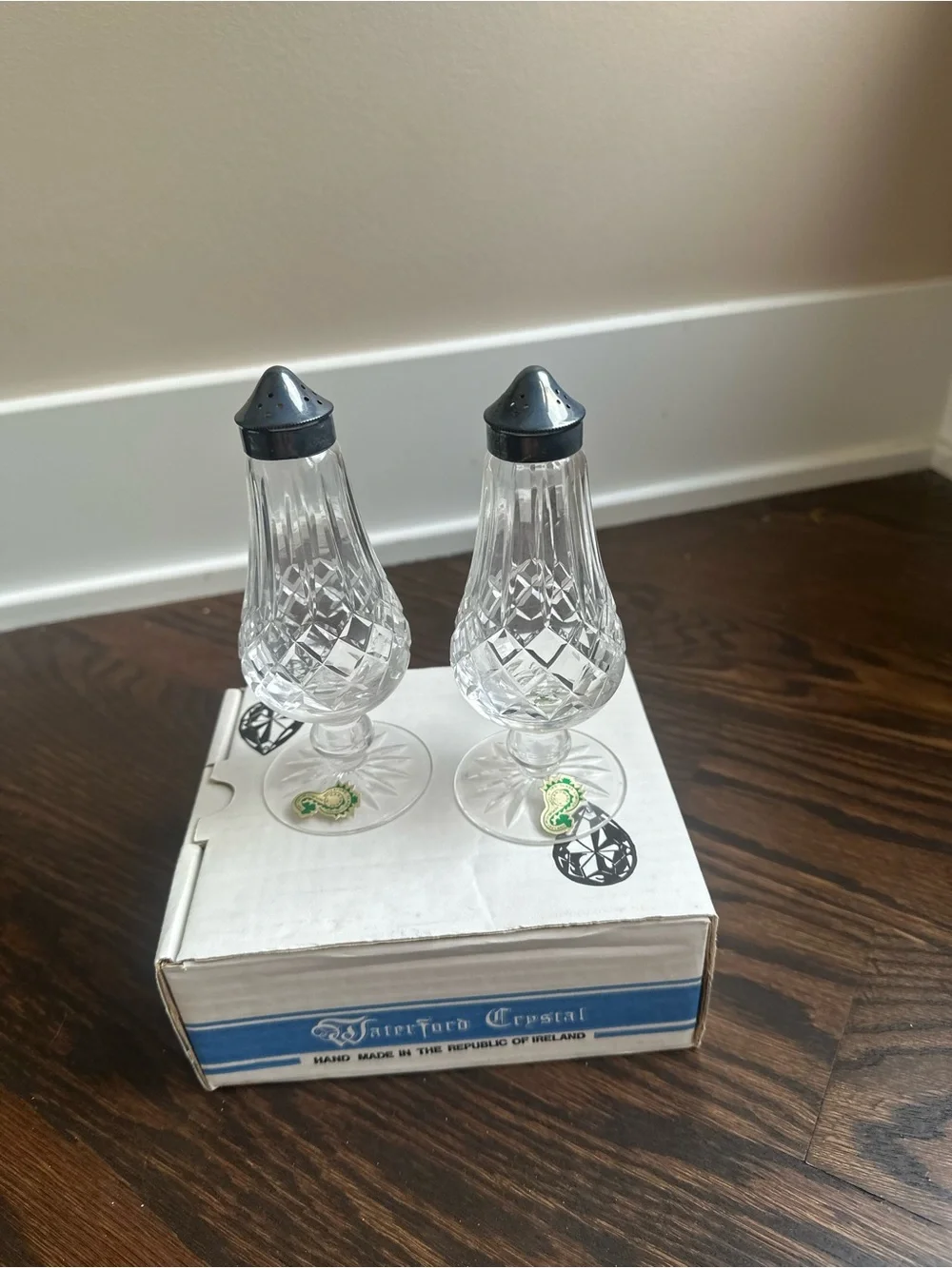 Vintage Waterford crystal Lismore Salt and Pepper Shakers with Silver Tops